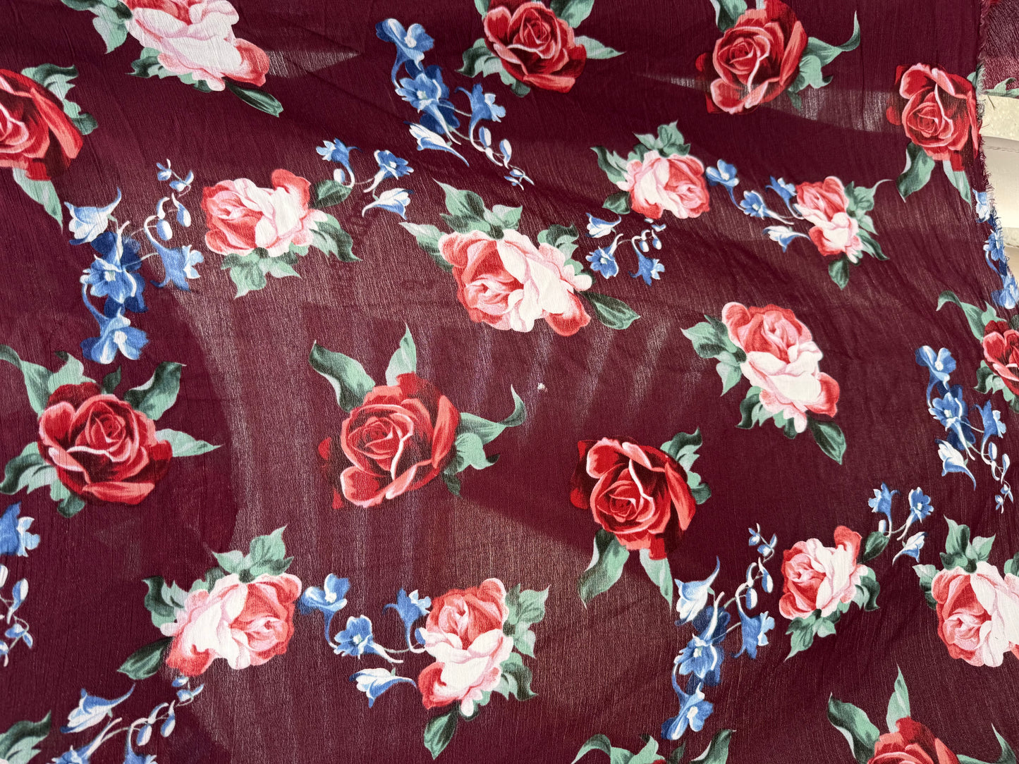 Burgundy Blue Pink Rose Floral Print Rayon Crepe Woven "Big Blooms"