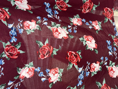 Burgundy Blue Pink Rose Floral Print Rayon Crepe Woven "Big Blooms"