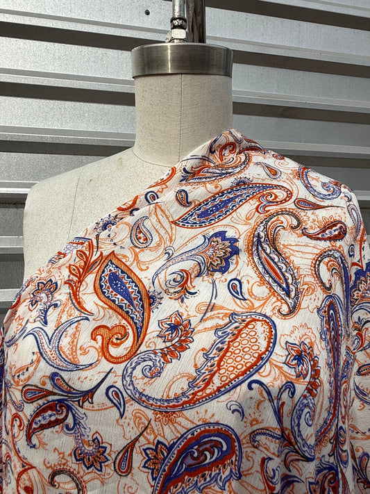 White Orange Blue Paisley Print Rayon Crepe Woven "Marigold Rodeo"
