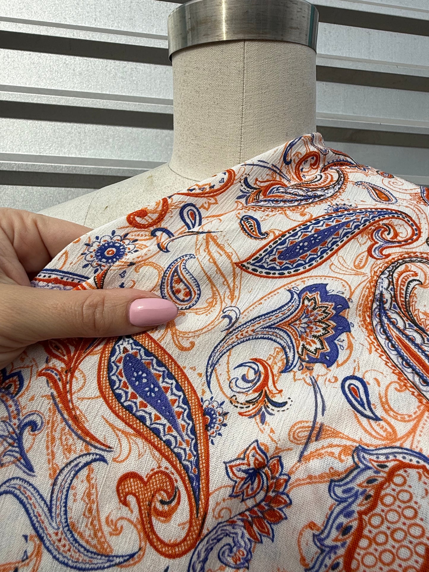 White Orange Blue Paisley Print Rayon Crepe Woven "Marigold Rodeo"