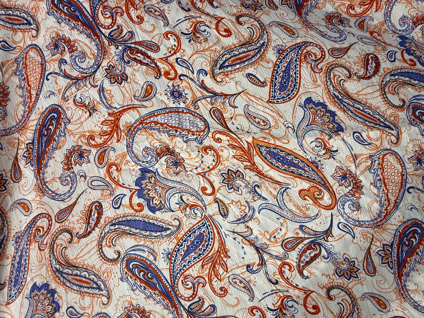White Orange Blue Paisley Print Rayon Crepe Woven "Marigold Rodeo"