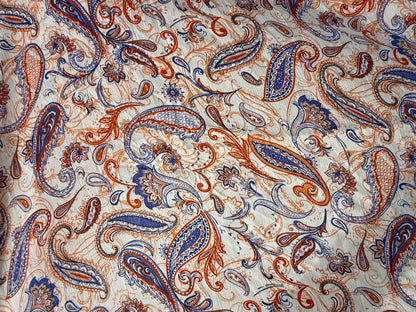 White Orange Blue Paisley Print Rayon Crepe Woven "Marigold Rodeo"