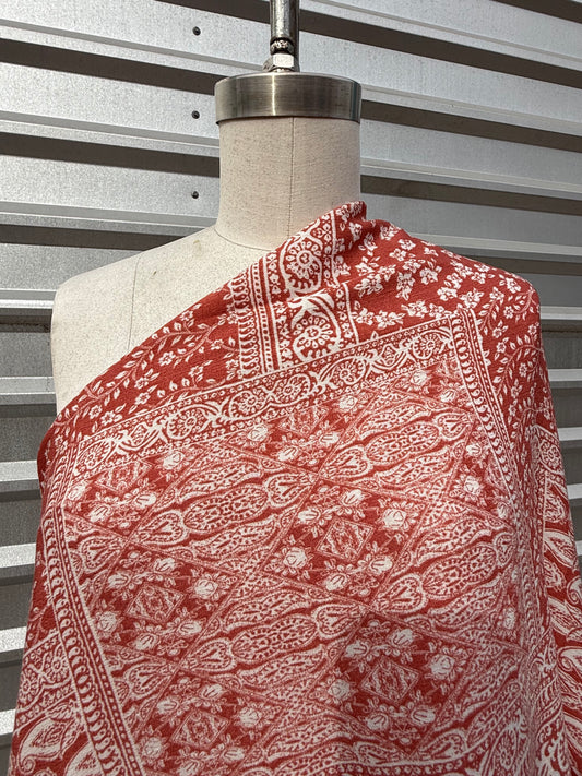 Coral Pink White Paisley Print Rayon Crepe Woven "Vintage Rodeo"