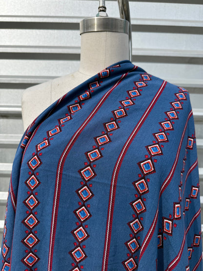 Blue Red White Boho Geometric Stripe Print Rayon Crepe Woven "Santa Fe Calling"