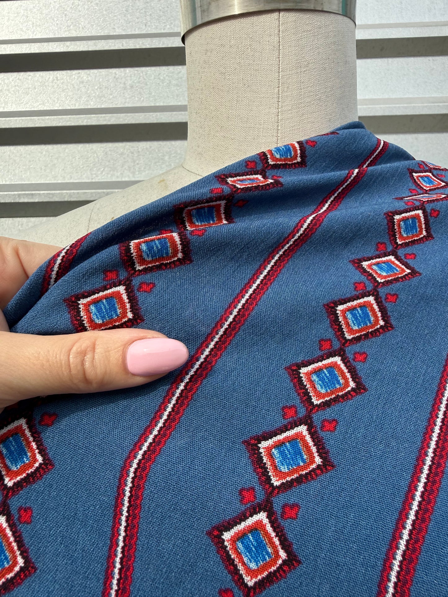 Blue Red White Boho Geometric Stripe Print Rayon Crepe Woven "Santa Fe Calling"