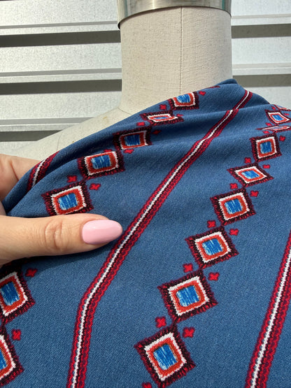 Blue Red White Boho Geometric Stripe Print Rayon Crepe Woven "Santa Fe Calling"