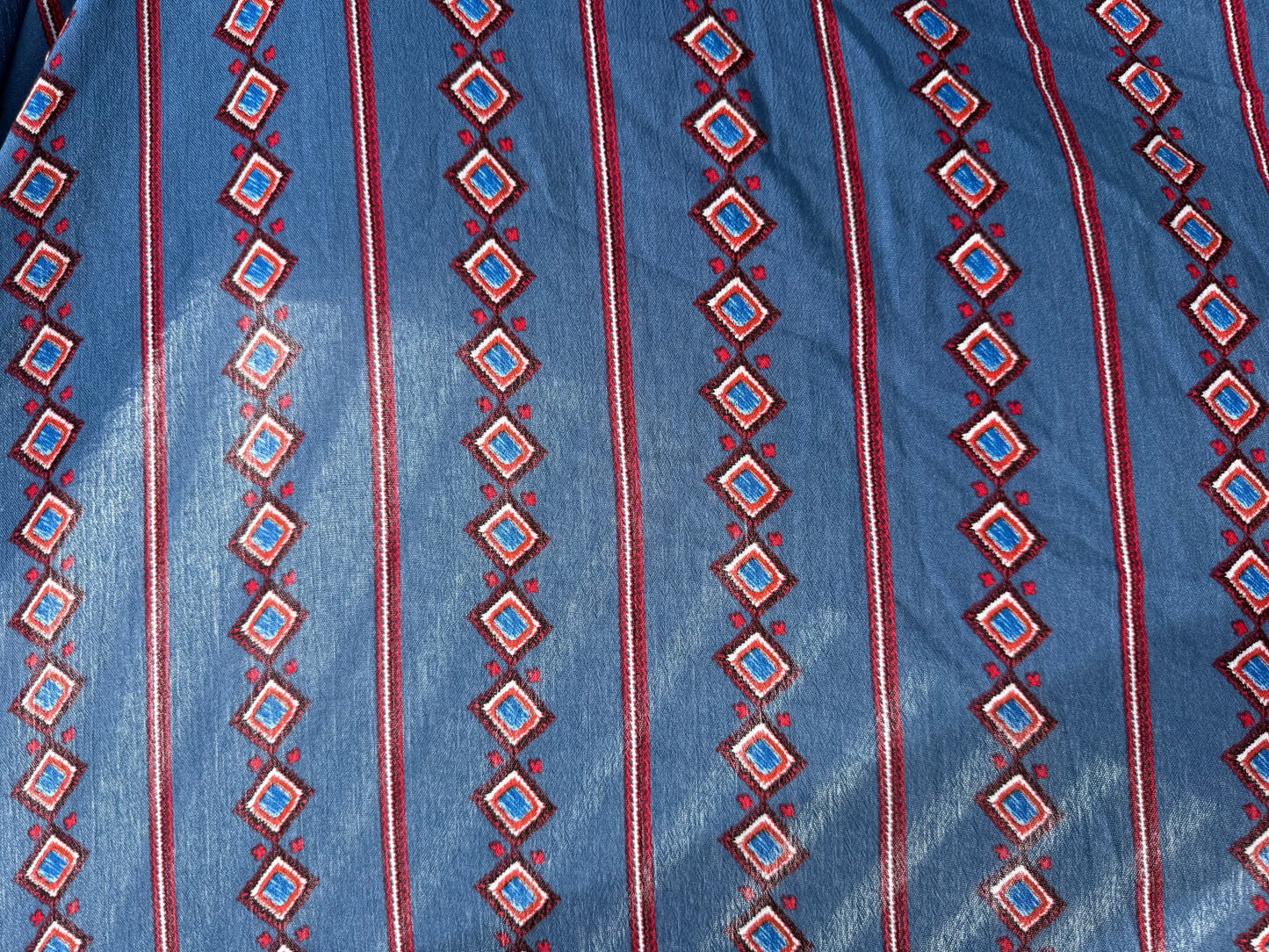 Blue Red White Boho Geometric Stripe Print Rayon Crepe Woven "Santa Fe Calling"