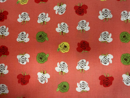 Coral White Yellow Green Rose Floral Print Quilt Cotton "Rosa"