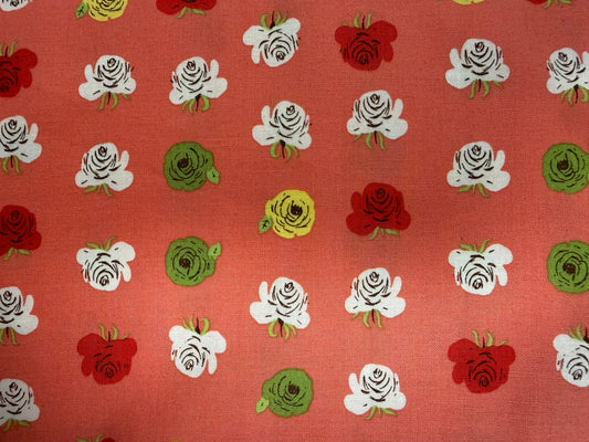 Coral White Yellow Green Rose Floral Print Quilt Cotton "Rosa"