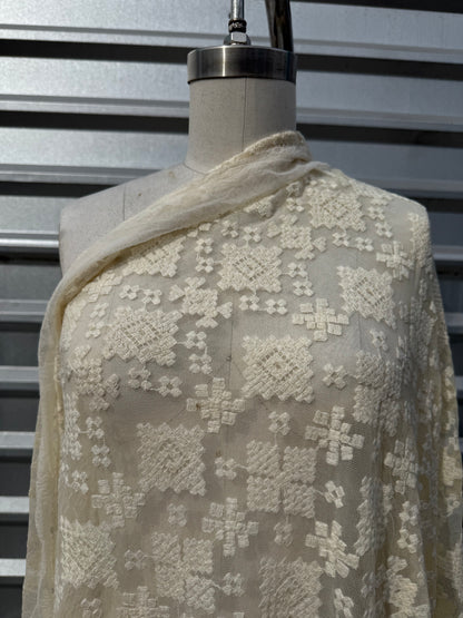 Ivory Geometric Embroidered Micro Mesh Lace Cotton Nylon Spandex Knit "Nyla"