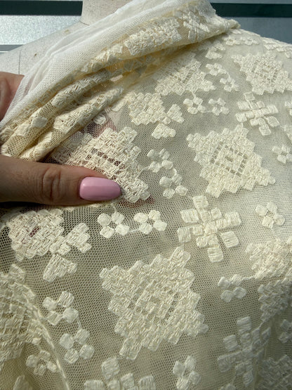 Ivory Geometric Embroidered Micro Mesh Lace Cotton Nylon Spandex Knit "Nyla"