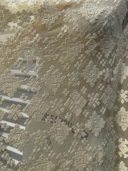 Ivory Geometric Embroidered Micro Mesh Lace Cotton Nylon Spandex Knit "Nyla"