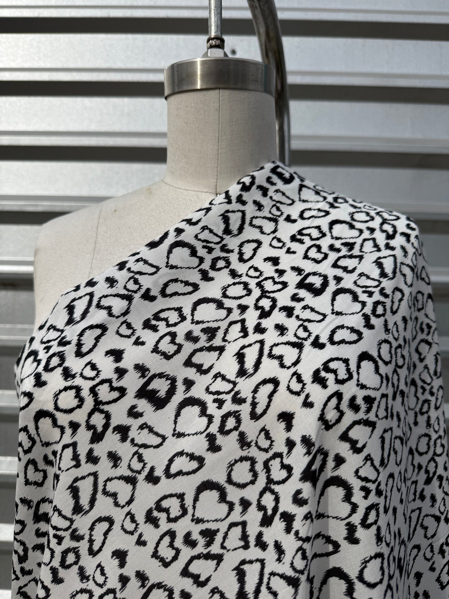 White Black Leopard Heart Print Rayon Challis Woven "Love Spots"