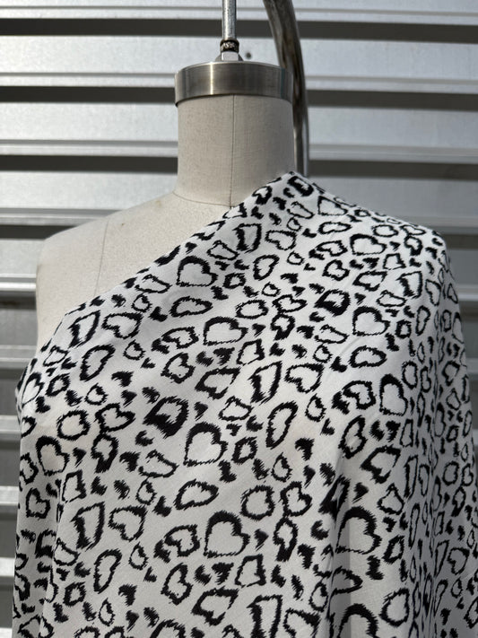 White Black Leo Heart Print Rayon Challis Woven "Love Spots"