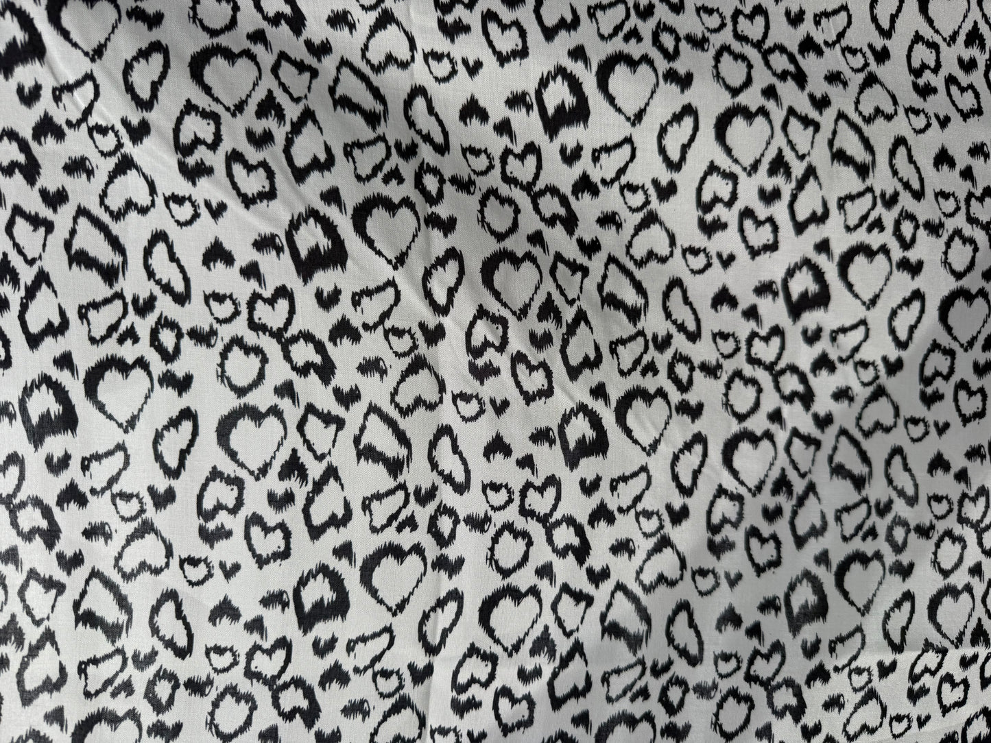 White Black Leopard Heart Print Rayon Challis Woven "Love Spots"