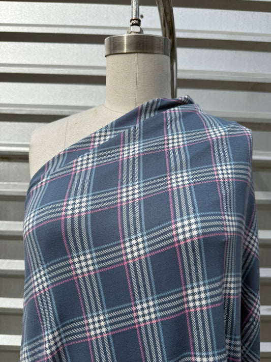 Blue Pink Plaid Print Polyester Spandex Knit "Blue Jolene"
