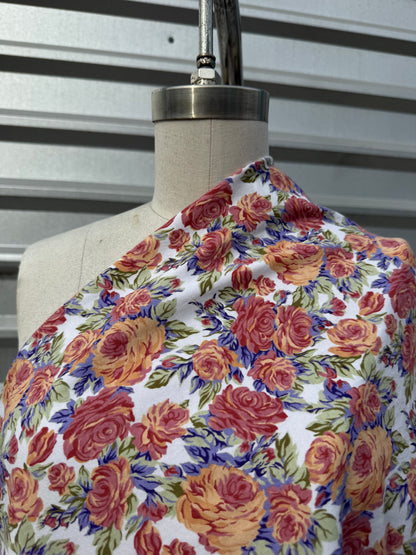 White Yellow Purple Floral Vintage 90's Print Cotton Spandex Jersey Knit "Baby Doll Buds"