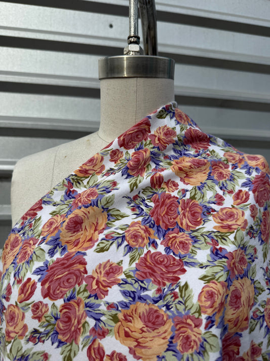 White Yellow Purple Floral Vintage 90's Print Cotton Spandex Jersey Knit "Baby Doll Buds"
