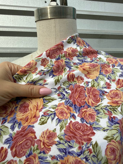 White Yellow Purple Floral Vintage 90's Print Cotton Spandex Jersey Knit "Baby Doll Buds"