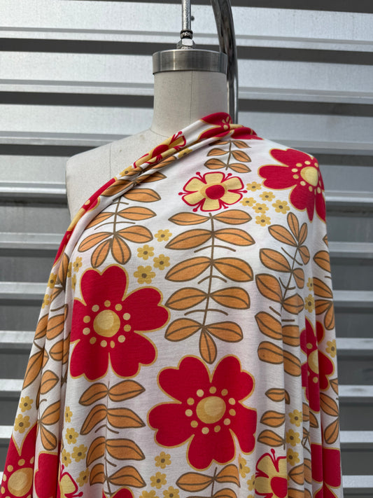 White Red Orange Large Retro Floral Daisy Print Cotton Jersey Knit "Silly Daisy"
