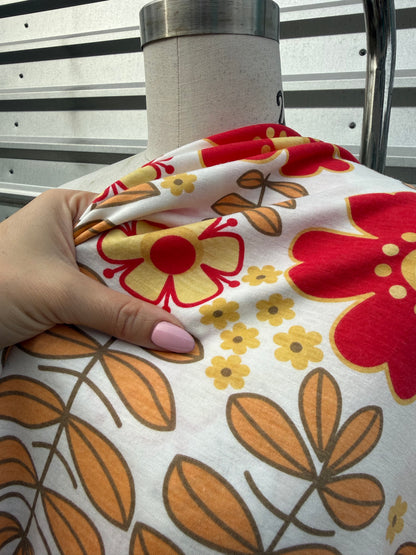 White Red Orange Large Retro Floral Daisy Print Cotton Jersey Knit "Silly Daisy"