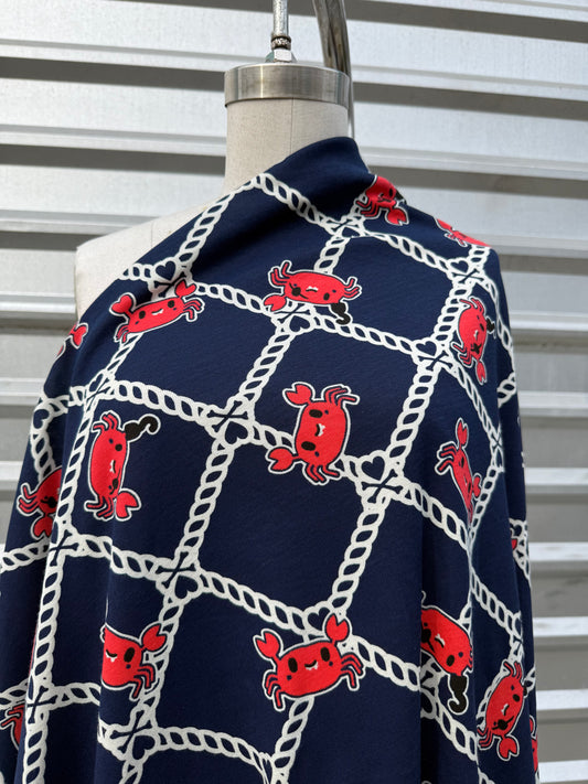 Navy Blue Red Crap Rope Designer Print Cotton Modal Spandex Jersey Knit "Crabby Pirate"