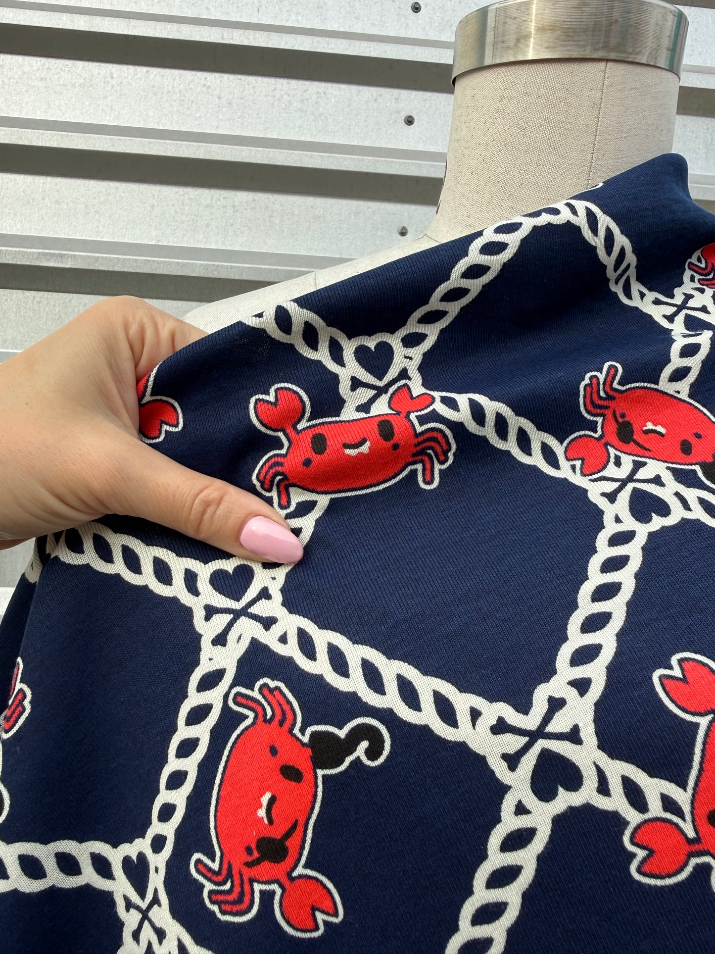 Navy Blue Red Crap Rope Designer Print Cotton Modal Spandex Jersey Knit "Crabby Pirate"
