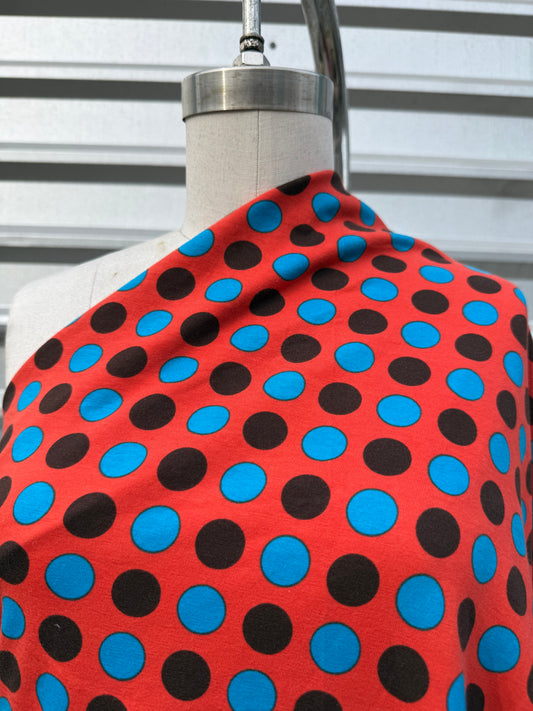 Red Brown Blue Polka Dot Print Cotton Spandex Jersey Knit "Dottie Dance"