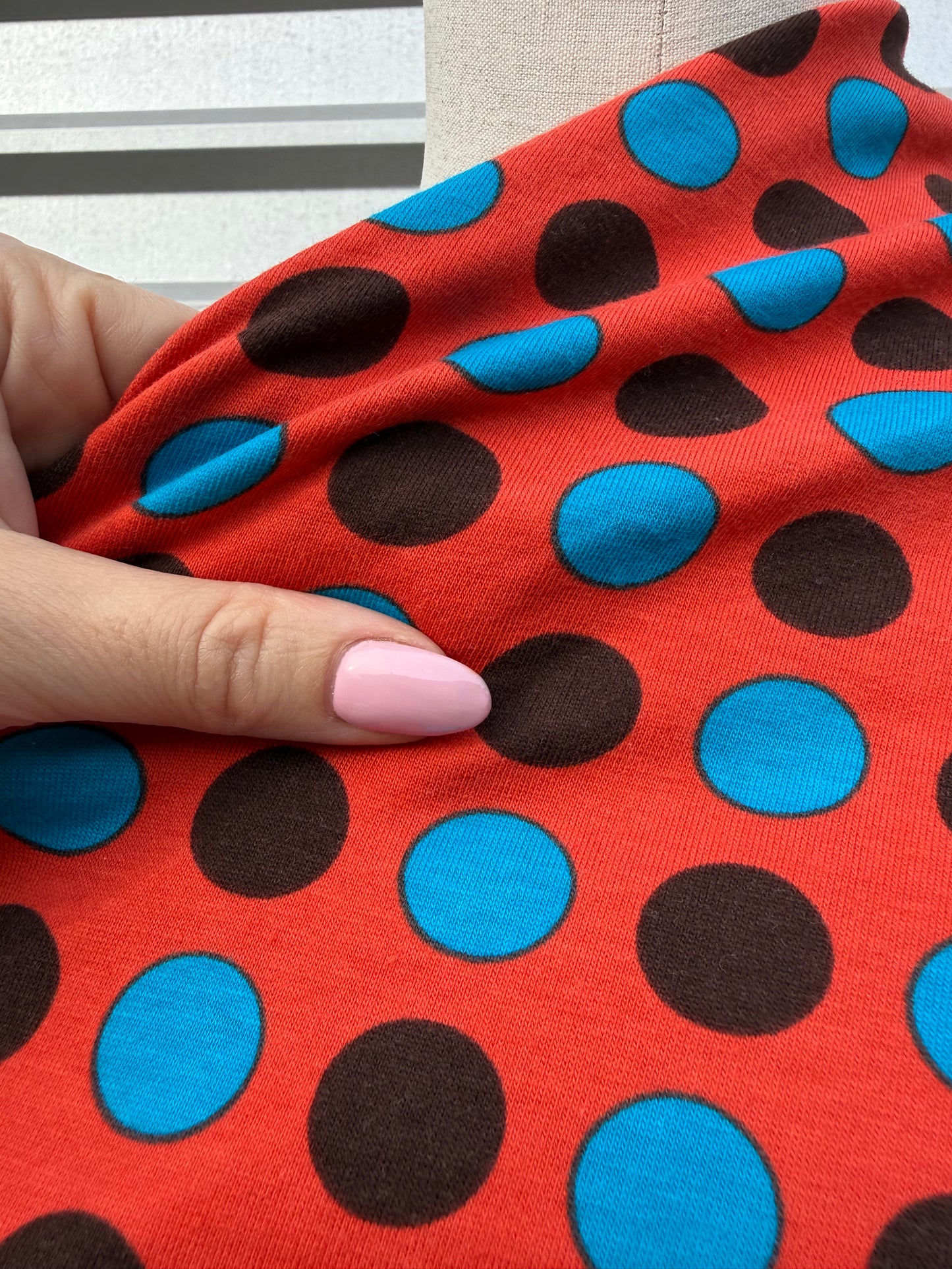 Red Brown Blue Polka Dot Print Cotton Spandex Jersey Knit "Dottie Dance"