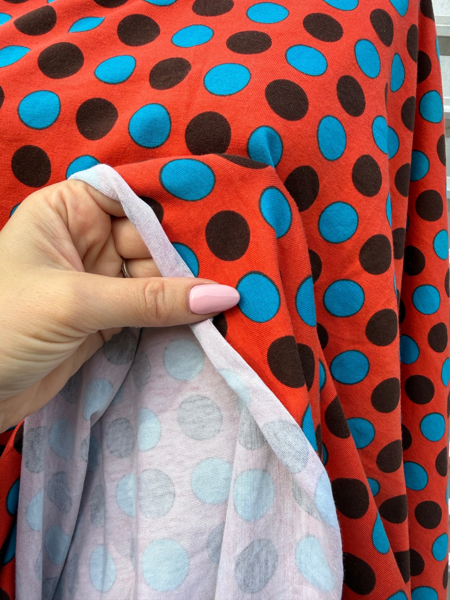 Red Brown Blue Polka Dot Print Cotton Spandex Jersey Knit "Dottie Dance"