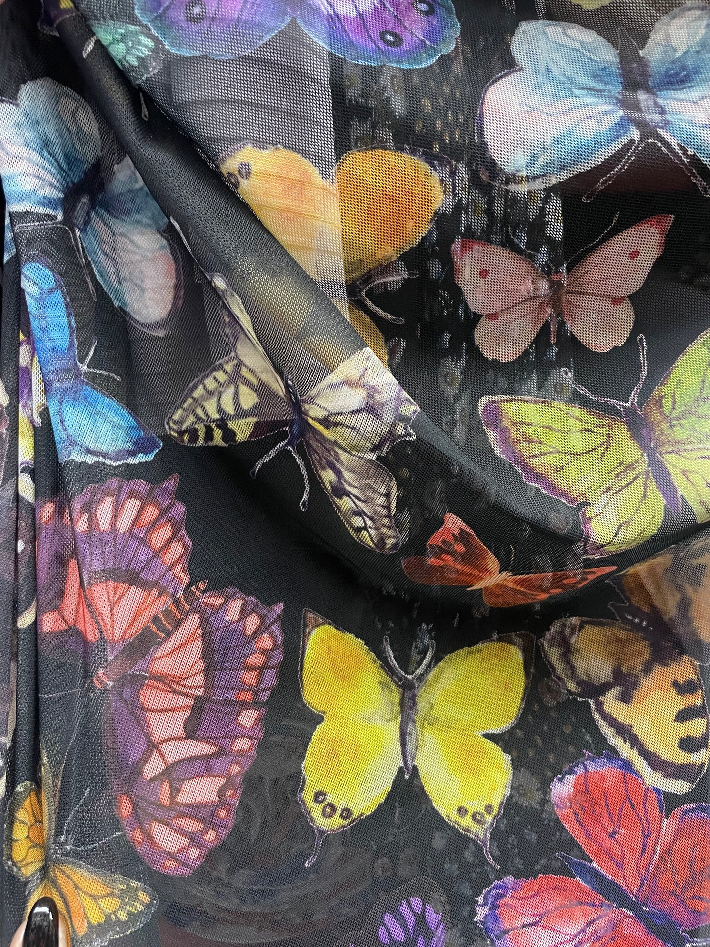 Black Multi Color Pink Blue Butterfly Printed  Nylon Spandex Mesh "Taking Flight"