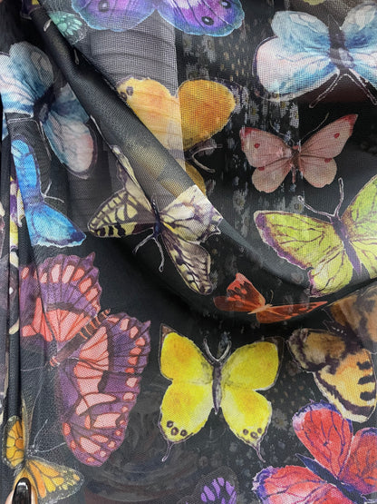 Black Multi Color Pink Blue Butterfly Printed  Nylon Spandex Mesh "Taking Flight"