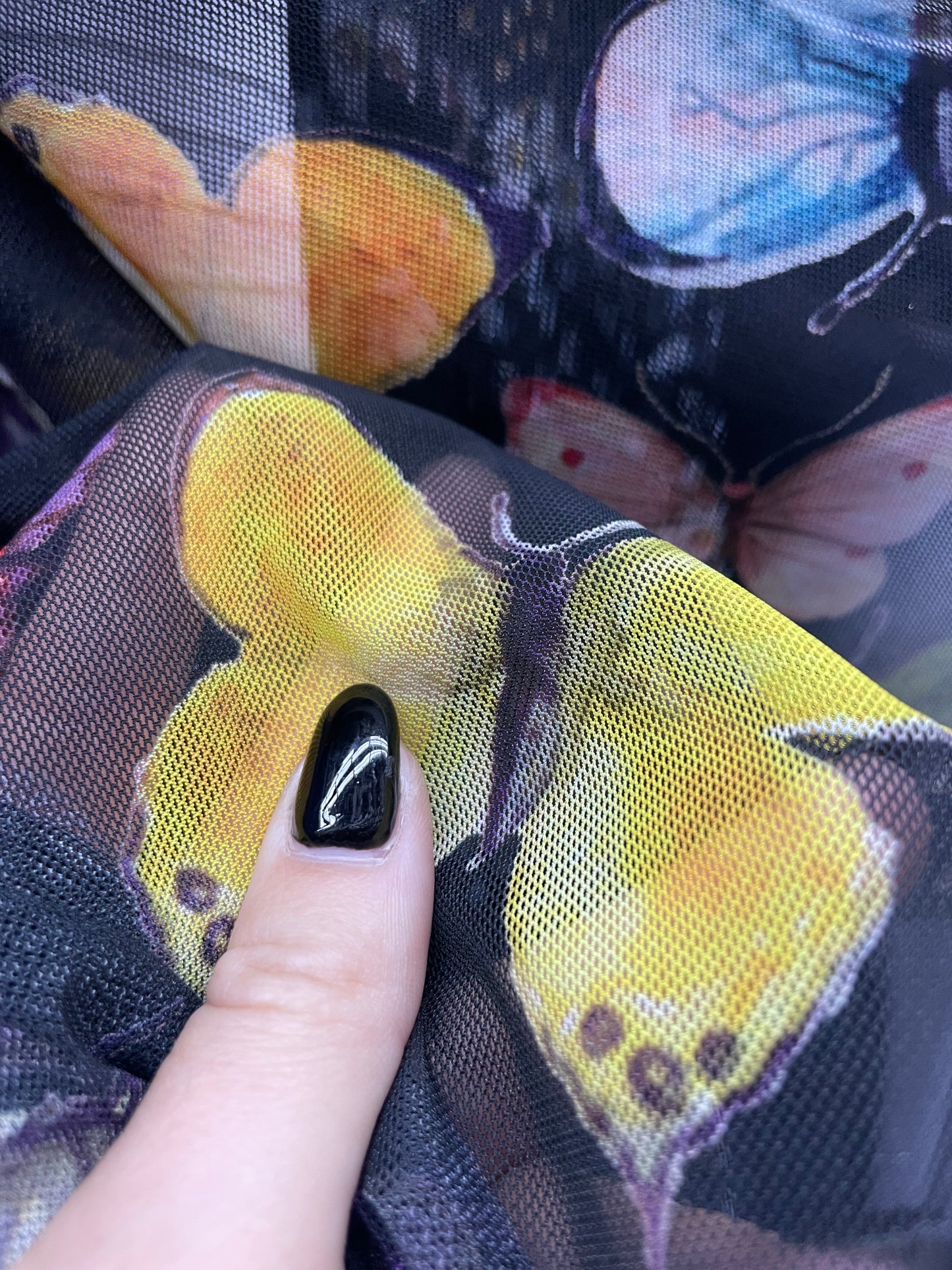 Black Multi Color Pink Blue Butterfly Printed  Nylon Spandex Mesh "Taking Flight"