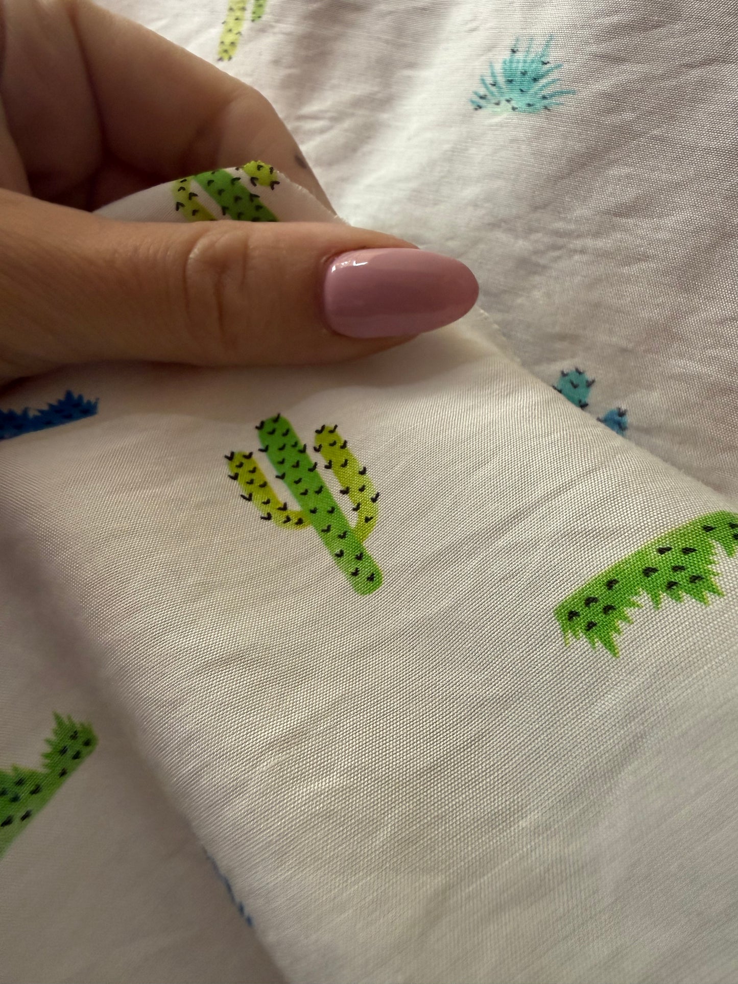 White Green Cactus Desert Print Rayon Challis Woven "Scottsdale Bound"