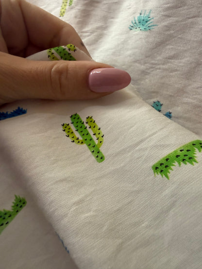 White Green Cactus Desert Print Rayon Challis Woven "Scottsdale Bound"