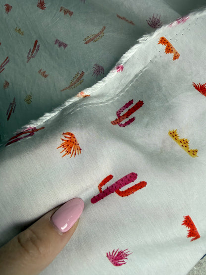 White Pink Cactus Desert Print Rayon Challis Woven "Tucson Sunset"