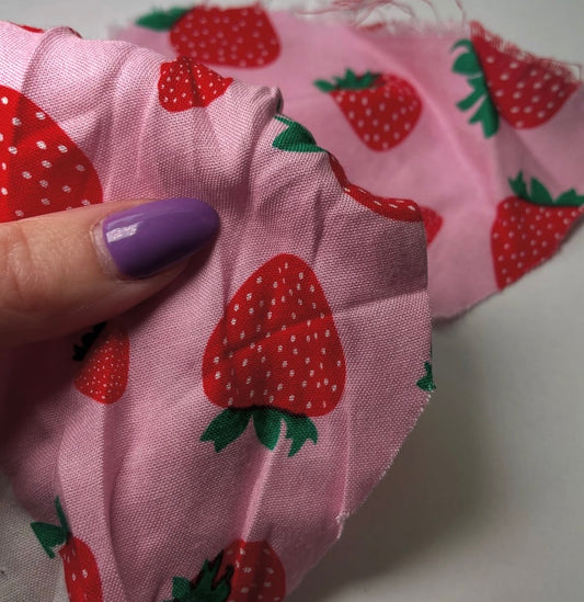 Pink Red Strawberry Print Rayon Challis Woven "Strawberry Sue"
