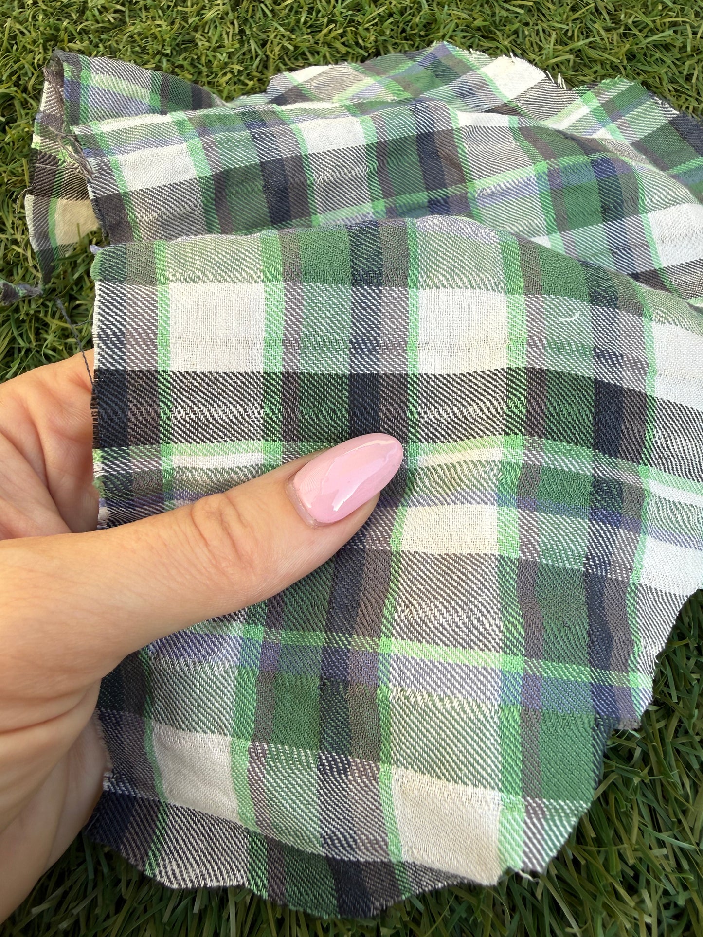 Green White Blue Plaid Cotton Seersucker Texture Woven "I See A Hawk"