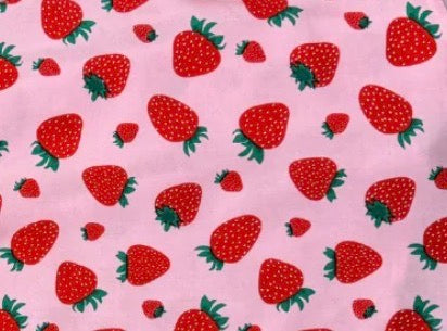 Pink Red Strawberry Print Rayon Challis Woven "Strawberry Sue"