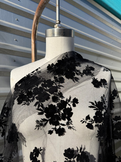 Black Flocked Floral  Mesh Tulle Polyester "Sabrina"
