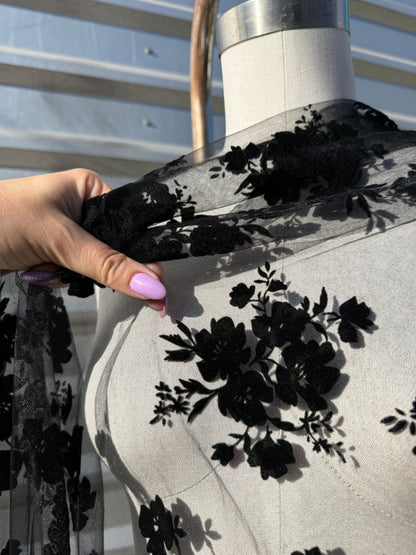 Black Flocked Floral  Mesh Tulle Polyester "Sabrina"
