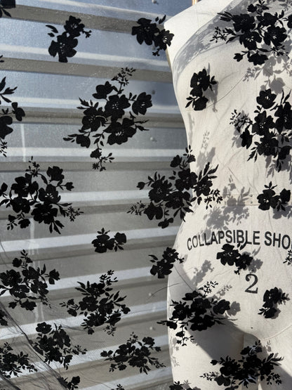 Black Flocked Floral  Mesh Tulle Polyester "Sabrina"