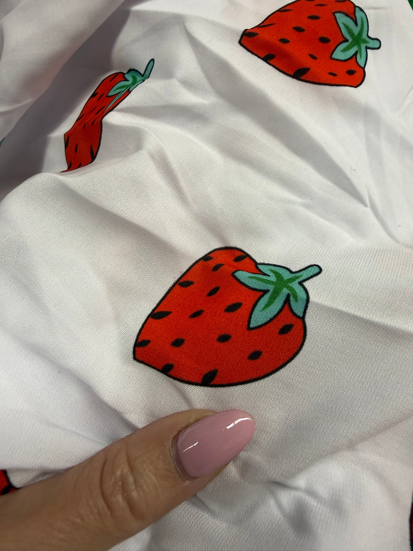 White Red Strawberry Print Polyester Crepe "Sweet Bite"