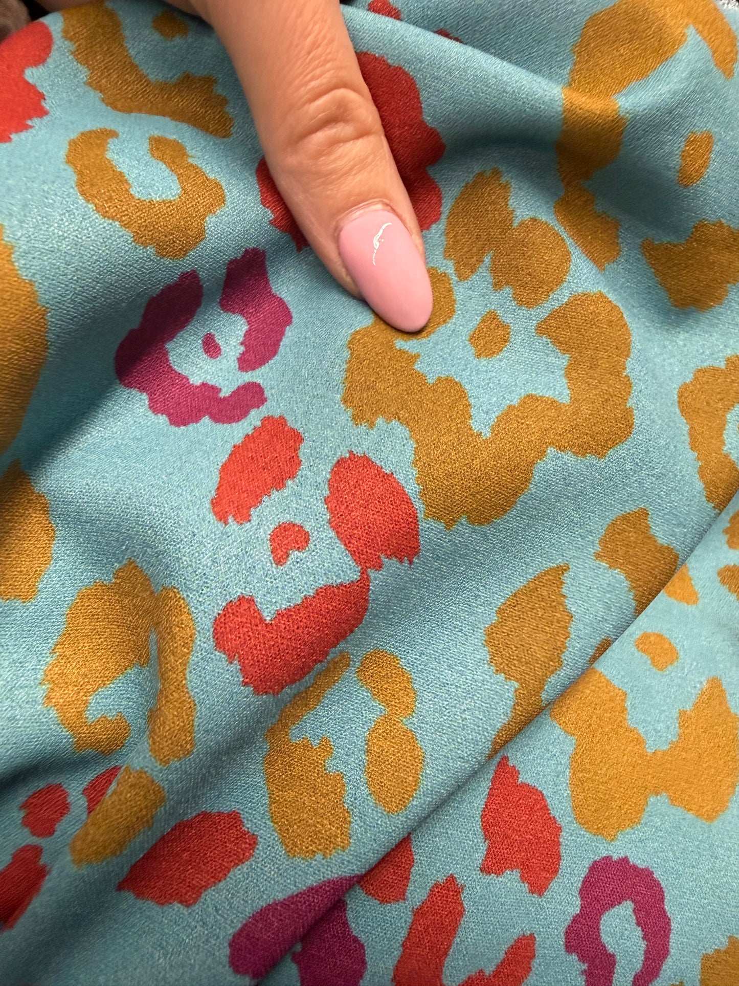 Blue Orange Yellow  Leopard Print Polyester Crepe "Meow Blues"