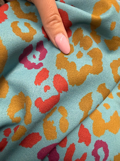 Blue Orange Yellow  Leopard Print Polyester Crepe "Meow Blues"