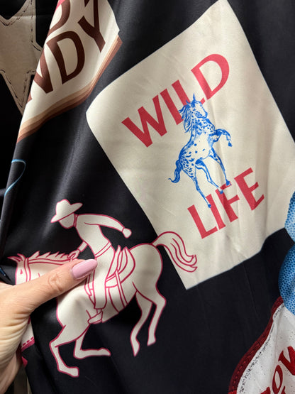 Black Blue Red Cowboy Theme Polyester Charmeuse "Howdy Life"