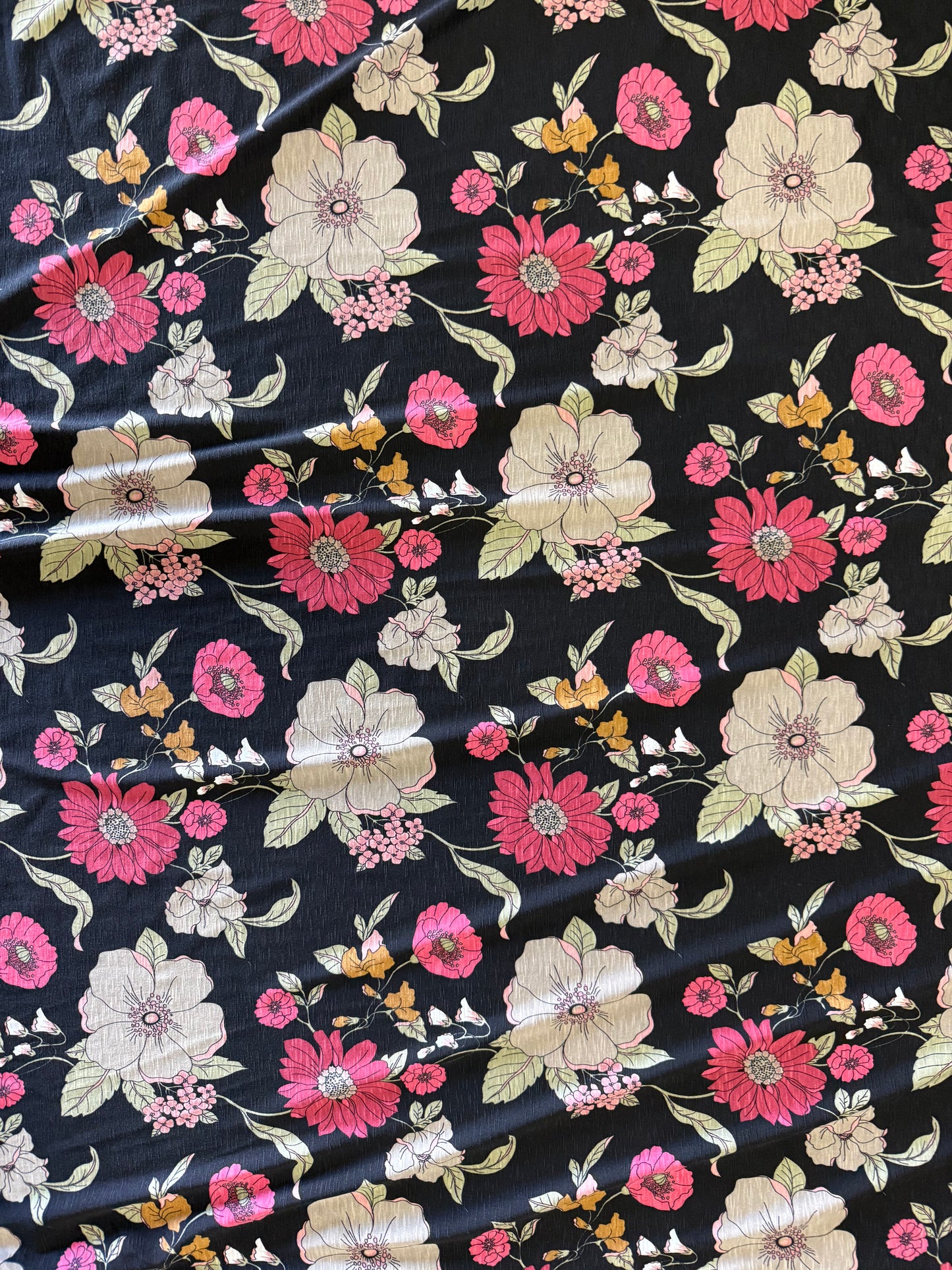 Black Pink Green Floral Print Slub Cotton  Jersey "Anhelo Blooms"