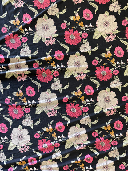 Black Pink Green Floral Print Slub Cotton  Jersey "Anhelo Blooms"