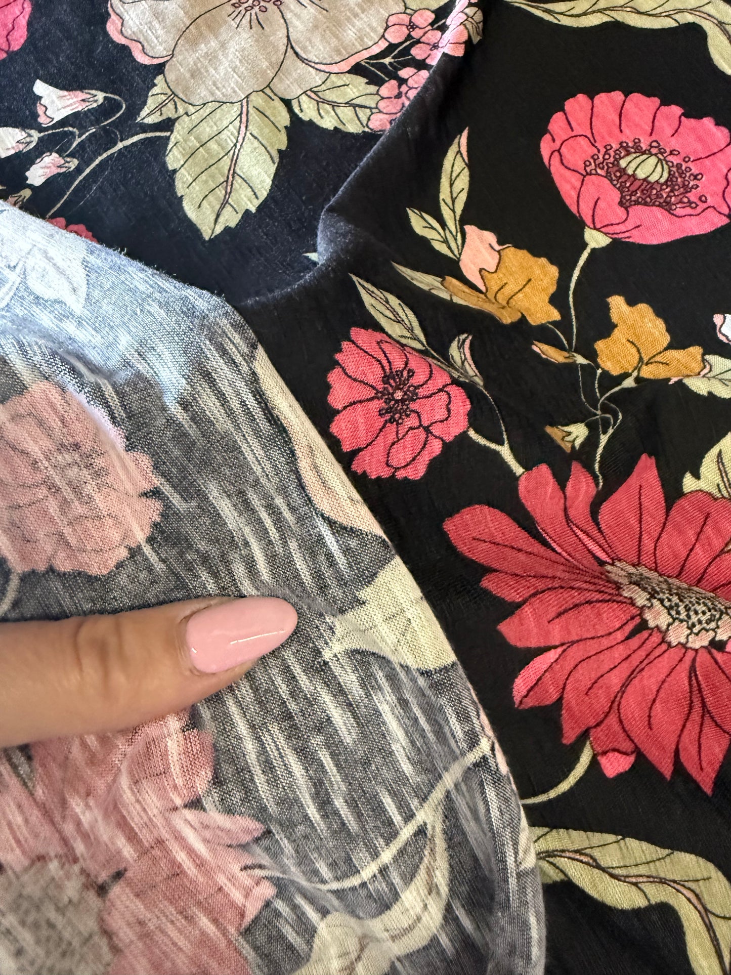 Black Pink Green Floral Print Slub Cotton  Jersey "Anhelo Blooms"