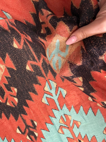 Brick Red Turquoise Southwest Ikat Print Cotton Gauze Woven "Rio Rancho"